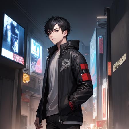 cyber punk, city, 1boy, black hair, black eyes, cyborg