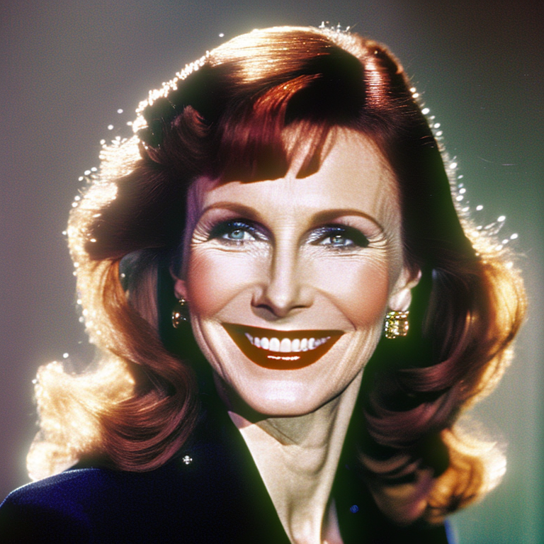 A close up glamour photograph of (Gates McFadden)  smiling for the camera studio lighting gradient background clear face p...