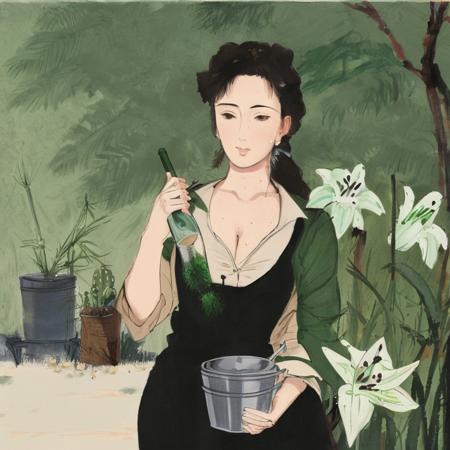 1girl, bamboo, bangs, bicycle, bodysuit, bottle, branch, breasts, brown_eyes, brown_hair, cactus, cleavage, clothes_writing, collarbone, eyebrows_visible_through_hair, falling_leaves, fingerless_gloves, flower, flower_pot, gloves, grass, hair_between_eyes, holding_bottle, ivy, jungle, leaf, leaf_background, leaves_in_wind, lily_\(flower\), lily_of_the_valley, long_hair, looking_at_viewer, medium_breasts, morning_glory, palm_leaf, palm_tree, parted_lips, plant, potted_plant, shirt, sidelocks, solo, spring_onion, sweat, tanabata, tanzaku, tree, tulip, vegetable, vines, water_bottle, watering_can <lora:Bai_Bohua-000012:1>, masterpiece, best quality,