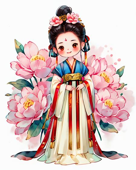 1girl, solo, blush, smile, black hair, hair ornament, long sleeves, white background, dress,standing, full body, hair ribbon, flower, hair flower, wide sleeves, hair bun, red ribbon,  chinese clothes, facing viewer, pink flower, forehead mark, updo, hanfu,  <lora:gufeng_v1:0.7>