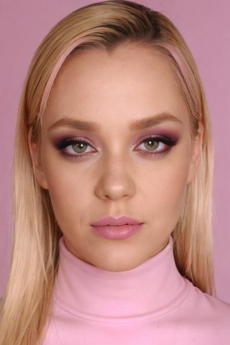 Portrait closeup photo of ann3tt3schw4rz, pink turtleneck blouse, in a bedroom, detailed face, makeup, smiling