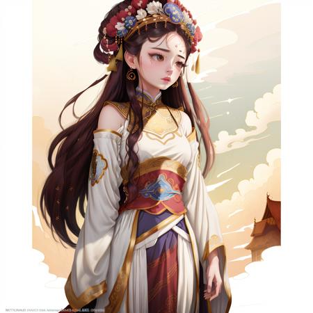 1girl,  standing in the clouds, white background,  cloudy sky, 
 Chinese drama costume,
 <lora:guochao_v3:1>, (((masterpiece))), (((best quality))), ((ultra-detailed)),(detailed light),((an extremely delicate and beautiful)),