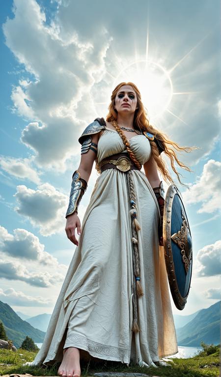 (score_9:1.1), score_8_up, score_7_up,

masterpiece, best quality, amazing quality, aesthetic, realistic, hd, 4K,  natural lighting, high resolution, illuminated, in heaven, Ragnarok,
 
nbn-freyja, beautiful, precious, gorgeous, Norse goddess, intense blue eyes, norse hair stile, long golden hair, blue eyes, fair skin, intricate gold jewelry, white warrior shoulder pads, huge breast, flowing dress, holding nordic shield, shield in position, mascara, eyeliner, ((solo, full body, smudged mascara, chin to up)), eyebrows together, frown,

detailed background, halo of light from the sky, traditional Norse attire, sky, clouds, some hair falling on face, stretched neck, head to up, face up, looking viewer,

(low angle shot:1.2), from bottom to up,  