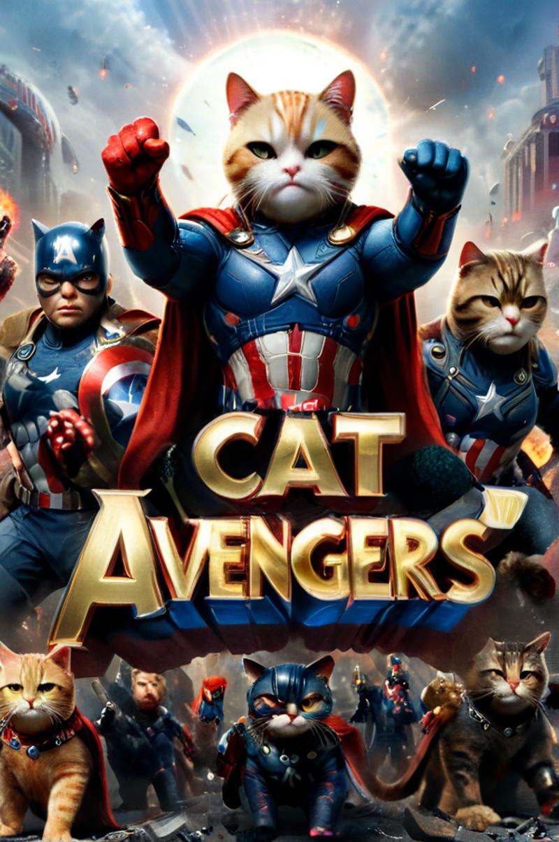 A group of cat Avengers posing together for a movie poster.