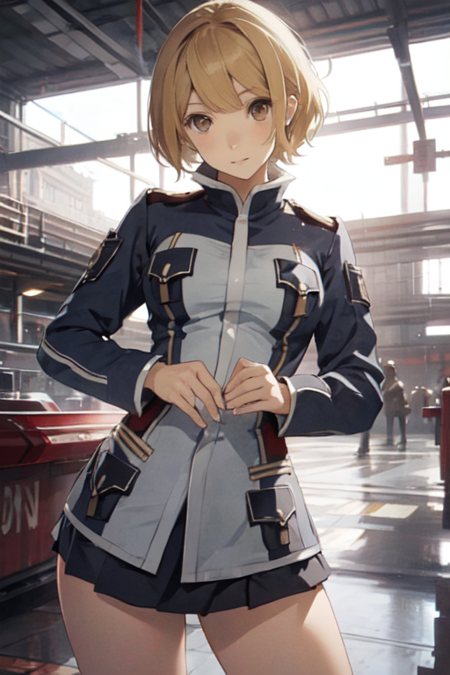 AnnetteKoenig, 1girl, solo, short hair, miniskirt, uniform, blonde hair, brown hair, long sleeves, brown eyes, 