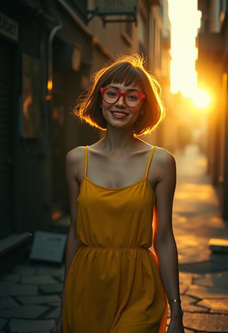 Prompt (FLUX style)
A slightly tall, petite woman with fair skin, short auburn bob hair, and playful red cat-eye glasses, walking confidently through a gritty urban alley at golden hour. She wears a short yellow sundress with spaghetti straps, made of a soft, slightly sheer fabric that catches the warm sunset light. Her figure is illuminated with perfect rim lighting, the sun forming a glowing outline around her shoulders and dress. Dust particles float in the air, backlit by long golden rays. The background is dark and urban, with cracked pavement, graffiti, and out-of-focus elements. Her expression is joyful and radiant, with cinematic lighting on her face, glowing skin, and light bouncing through her hair. The scene has strong color contrast, bokeh-rich depth, and a dreamy, editorial tone.
Style Tags:
photorealistic, FLUX model, cinematic lighting, golden hour, urban fashion, realistic skin texture, sunset rim light, dreamy bokeh, backlit dust particles, flowing fabric, slightly taller, vintage glasses, street fashion photography, analog tones
Negative Prompt (optional for Civitai):
blurry, cropped face, low resolution, bad hands, poorly lit face, overexposed, unnatural pose, cartoon, 3D, anime, distorted proportions