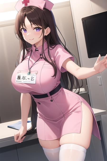 Shirakawa Ryouko nurse cap,pink hat,long hair,brown hair,brown eyes,parted bangs,purple eyes pink dress,impossible clothes,name tag,huge breasts,taut clothes,side slit,white thighhighs,zettai ryouiki,high heels