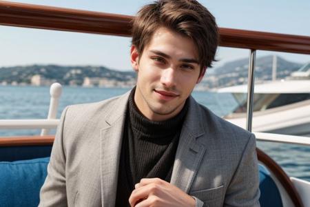 raw photo, (average height 24yo man:1.1), accessories, realistic skin texture, (red:0.8), warm lighting, cosy atmosphere, instagram style, onlyfans, looking at camera seductively, casual, candid, daytime shot on a boat on the french riviera, authentic happy face, beautiful anatomy, 4k, beautiful face, sfw, beautiful hands and fingers, bokeh, breasts not showing, sensual outfit with flamboyant colors