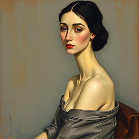 A detailed oil painting-style portrait of Jeanne Hébuterne by Amedeo Modigliani, featuring her signature elongated neck and face. She is seated gracefully, wearing a simple garment that exposes her shoulders, conveying a sense of elegance and vulnerability. The background is a muted, textured shade to emphasize her figure and the artist's characteristic style. The composition reflects the subtle melancholy and intimacy typical of Modigliani's works.