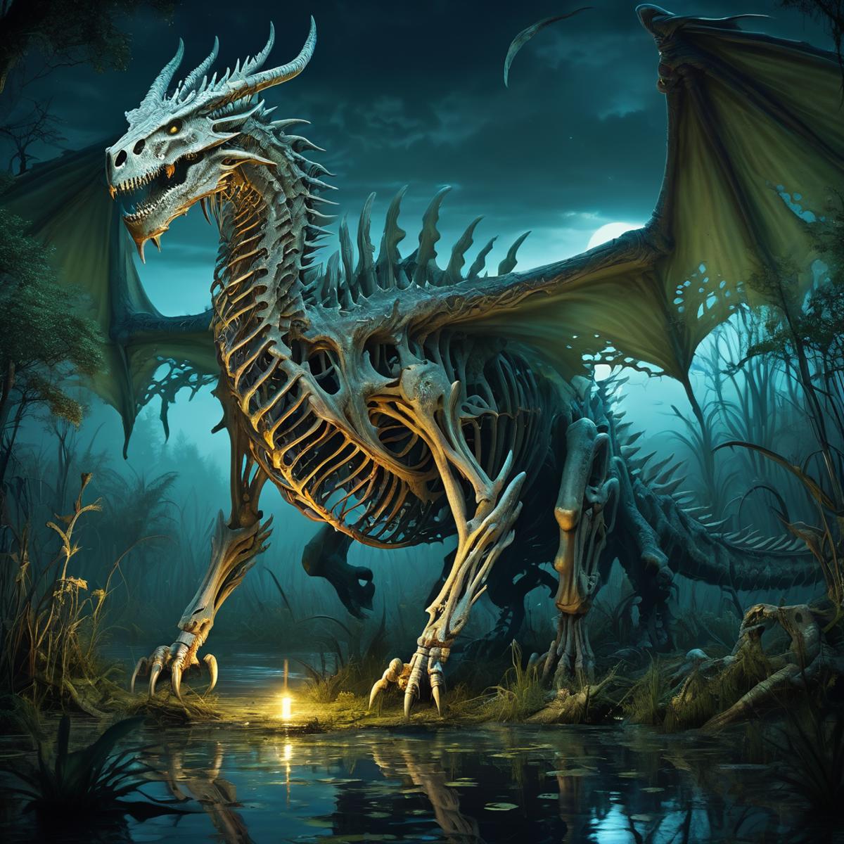 A skeleton dragon standing in a swamp with a glowing light in the background.