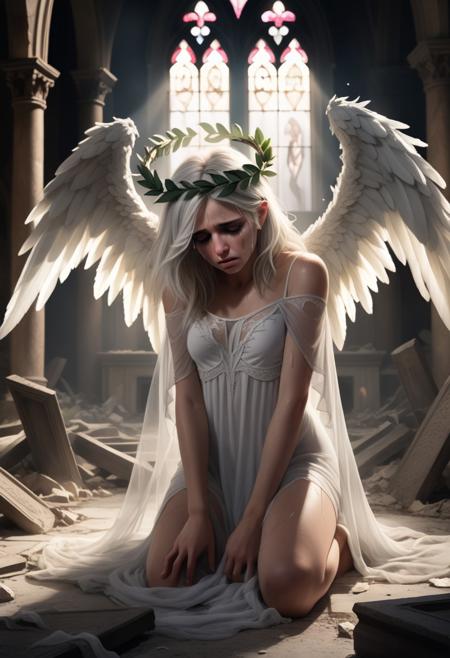 (masterpiece), (best quality), photorealistic, art, sharp focus on face, full body, 
intricate eyes, perfect, beautiful, bare legs, soft clothes, fallen angel, crying, heartbreaking, white hair, laurel wreath, transparent clothes, 
death, haze light, heavenly, cinematic, background with depth, art, ruined church,