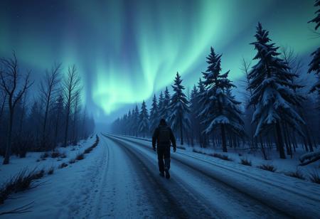 Dayz survivor walking down a road on the map Namalsk. Snow on ground and trees. Aurora in the sky. No text