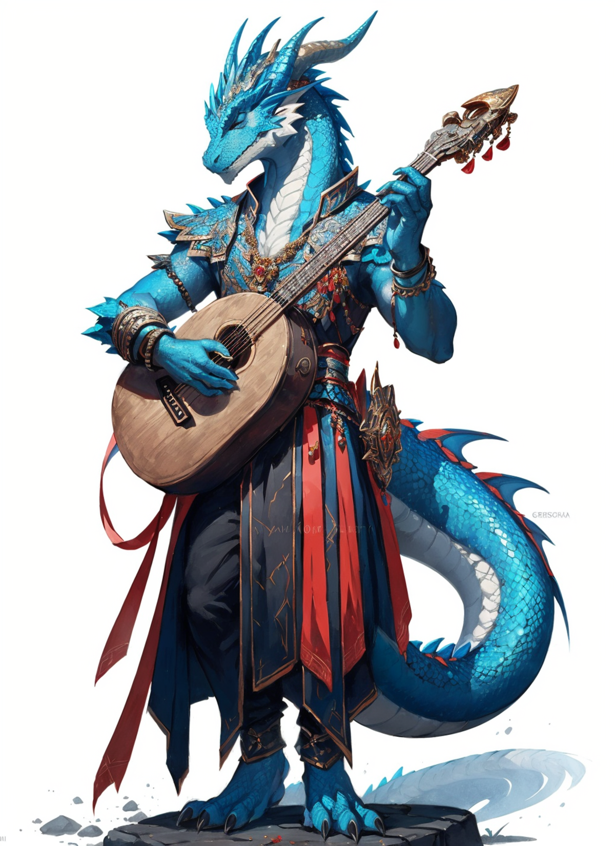 Blue Dragon Character Playing Guitar in a Fantasy Art Illustration