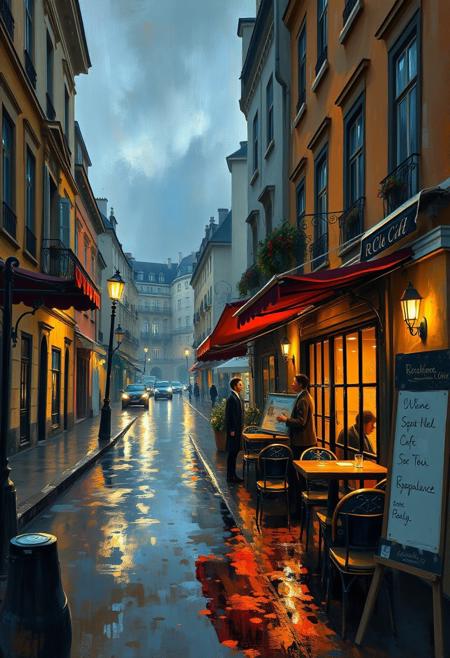 rainy deserted street, entrance to the cafe, people at the tables, cozy evening,
romantic realism, expressive impressionism, classical elegance, gestural brushwork, emotional intimacy, soft yet dynamic lighting, refined portraiture, atmospheric settings, painterly textures, narrative-driven scenes, warm color palette, fluid composition, timeless aesthetic