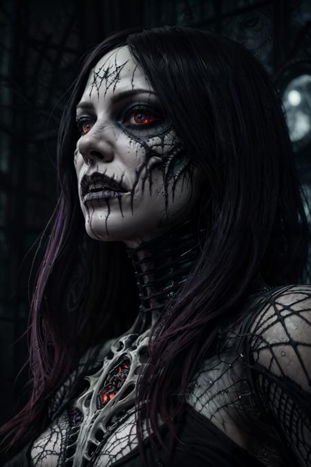 horror-themed horror-themed horror style A real perfect female anatomy made by beautiful and elegant pure white bio organic ceramic + hyper details + concept futuristic style and ecorch style + cinematic lights + photo bashing + epic cinematic + octane render + extremely high detail + post processing + 8k + denoise, dark themed background. very dark and scary horror vibes. hyper intricate details. purple, red, white colors. hyperrealistic artwork style. scary horror metal music vibe. godrays, gorgeous, amazing, intricate, highly detailed, digital painting, artstatio . dark, eerie, gothic, macabre . eerie, unsettling, dark, spooky, suspenseful, grim, highly detailed . eerie, unsettling, dark, spooky, suspenseful, grim, highly detailed<lora:epi_noiseoffset2:1>