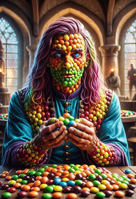 Skittles, Taste the Rainbow, wizard grabbing a handful of skittles, fantasy building interior, detailed background, Detailed face, detailed eyes, perfect eyes, absurdres, high quality, masterpiece, very aesthetic