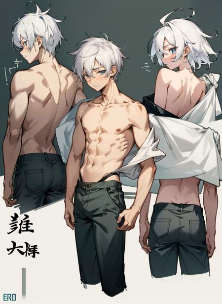 masterpiece, best quality, ultra detailing, 1 boy, character design, better face, white hair, short hair, blue eyes, no clothes, sixpack, cloth pants, white back ground,