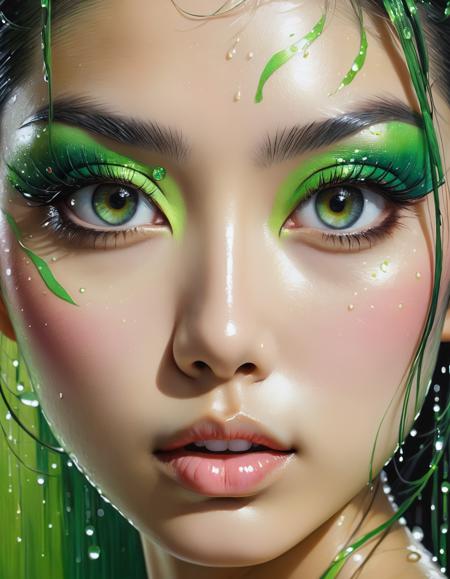 <lora:add-detail-xl:1>,  oil painting and pen, beautiful female Japanese woman wearing a bright silver and green makeup, wet skin, close-up view, intricate detail, absurdres, thoughtful expression, large eyes, dramatic lighting, highly detailed, perfect symmetry