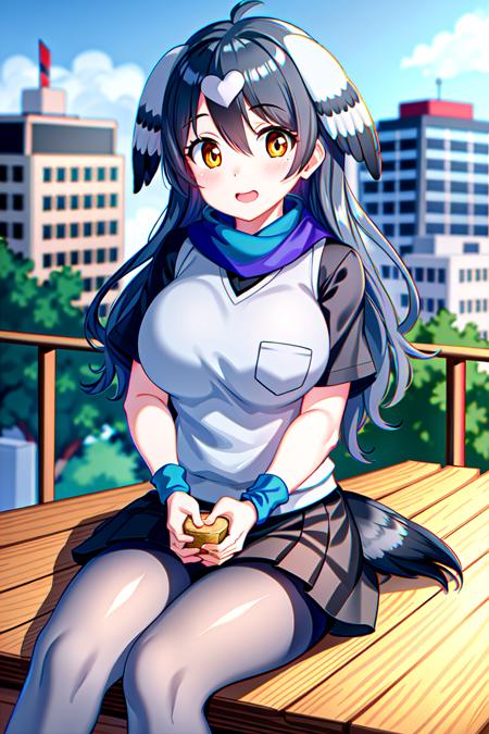 <lora:RockDoveKemonofriends_Kawarabato:0.6>,KAWARABATO

1girl,solo,masterpiece, best quality, high quality,delicate facial features,mishoujo,hyper_detail,game cg, finely detailed beautiful eyes and detailed face,lustrous skin,colorful

rock_pigeon_(kemono_friends),bird_girl,head wings,long hair, multicolored hair, grey hair, black hair, bird tail, bird wings, orange eyes,brown eyes, hair between eyes,large breasts, 

multicolored clothes,shirt,vest,pleated skirt,gray_pantyhose, scarf, shoes,  short sleeves, wristband,

(looking at viewer:1.4), (cowboy_shot:1.3),(sitting:1.4),blush,smile,open mouth,(eating:1.1),sandwich, 

(city:1.3),(street),blue_sky,cloud,