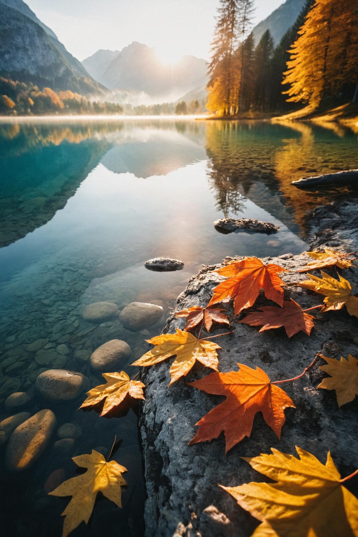 A serene scene of fallen leaves near a lake with a mountain in the background.