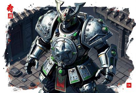 Superheavy Samurai Monk Big Benkei robot, silver armor, green & black accents, helmet visor, star chest plate, Dice Dungeon background, assertive stance, isometric view, dynamic action pose, splash ink illustration, octane render, Unreal Engine 5, Raphael style, Houdini style, vivid details, 4k, trending on Artstation, CGSociety, golden ratio, immaculate detail, vibrant colors, dramatic lighting.