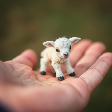 Closeup of a tiny real living lamb on palm of hand, shallow depth of field. Realistic. Blurry nature background.
