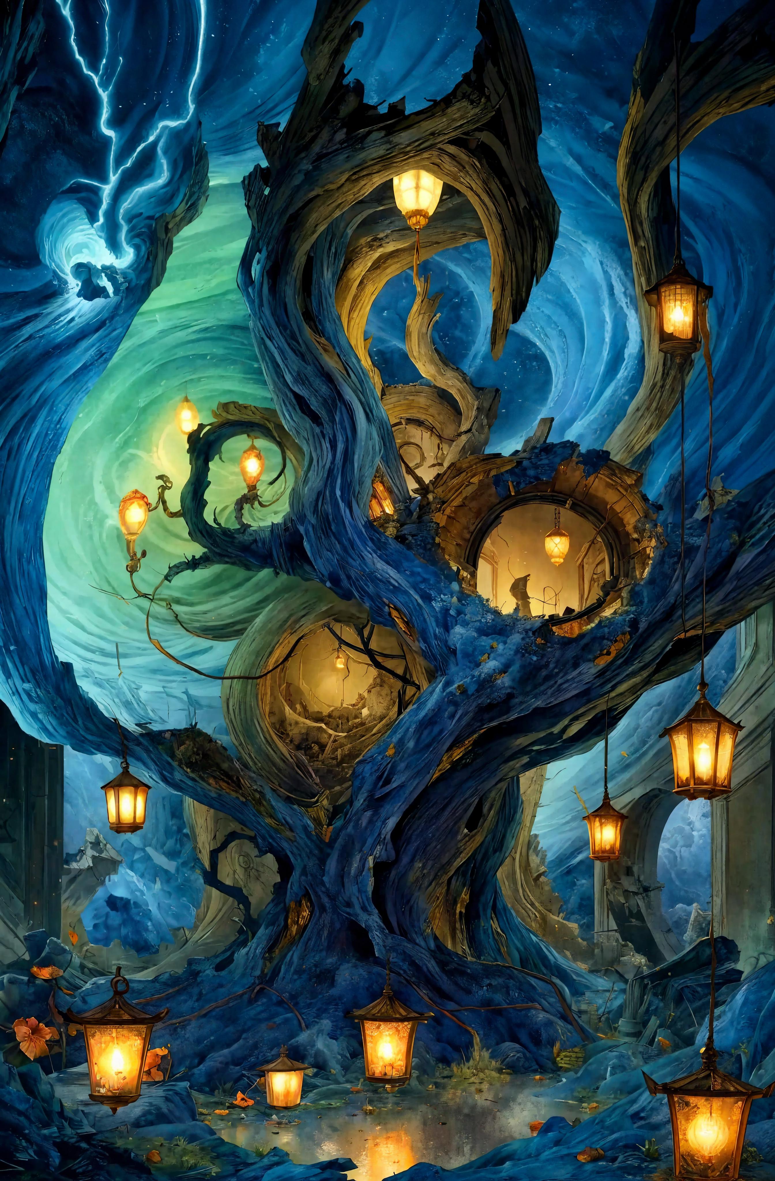 A Blue Tree with Glowing Lamps and a Mirror in the Middle