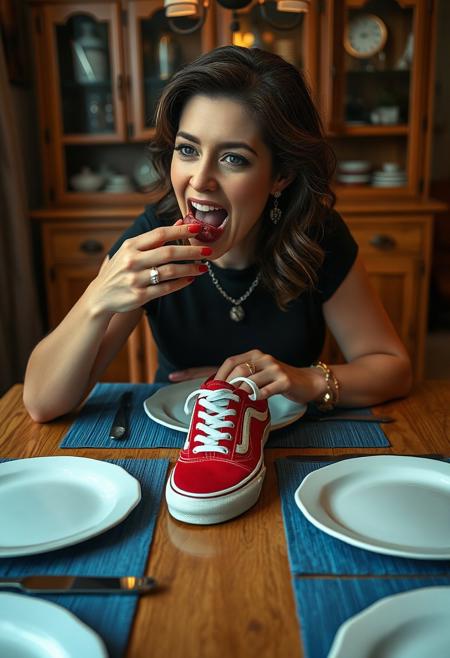 ((highly detailed skin:1.2)), 8k uhd, dslr, Fujifilm XT3, highest quality, masterpiece, photorealistic, detailed skin texture, (highly detailed hair), sharp body, ultra realistic face.
woman sitting at dining room table. she is ready to eat, the room is decorated like a family home from the 1960's. she is dressed for a fancy diner party, black dress and nice jewelry, the table is natural colored oak. on the table are four blue placemats. on the placemats there are very large white plates. on either side of the plates there are a knife and a fork.
 (((red Vans deck sneaker))), 
her mouth is open, she is holding the sneaker up to her mouth, she is taking a bite of the sneaker, she is eating the sneaker, ((((she put the sneaker inside her mouth))))
