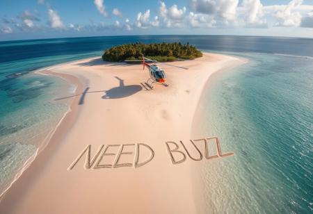 Helicopter aerial view of tropical desert island beach where there is written text on sand by a survivor "NEED BUZZ"