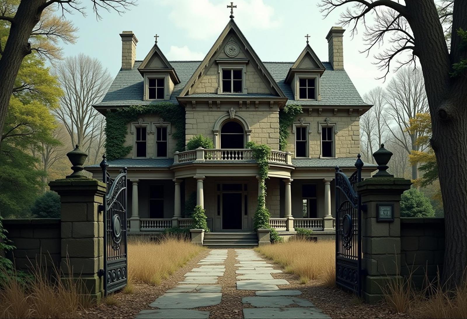 The abandoned mansion stands tall and foreboding at the end of a long, overgrown driveway, its once-grandiose façade now a faded memory of a bygone era. Its ivy-covered stones are stained with time, and the windows are shattered, allowing glimpses of the decay within. The intricate wrought-iron gates hang crookedly on their hinges, a testament to the neglect that has enveloped the property. The mansion's roof is caved in at various points, with shingles missing and ivy weaving its way through the cracks. The porch, with its ornate pillars and crumbling balustrade, looks eerily inviting. The surrounding garden, now a wild tangle of weeds and dead shrubs, hints at the opulence that once was. The silence is occasionally broken by the distant caw of a crow, echoing through the desolate scene like a mournful cry for the forgotten grandeur of this decaying architectural relic.