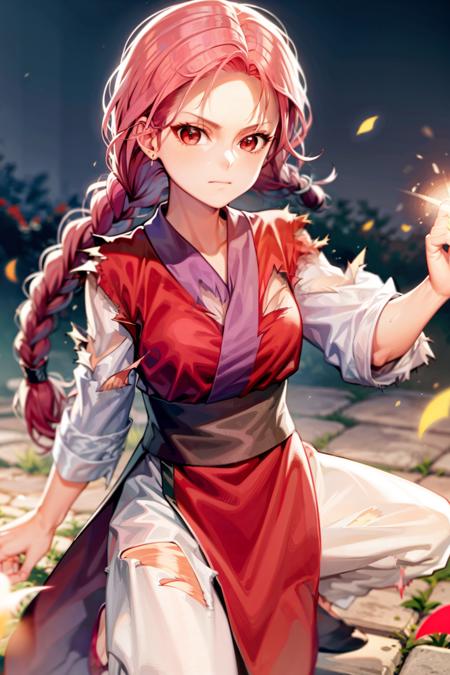 masterpiece, best quality,solo, pink hair, red eyes, 1girl, torn clothes,single braid,braid,, long hair, looking at viewer, closed mouth, fighting stance, bangs,