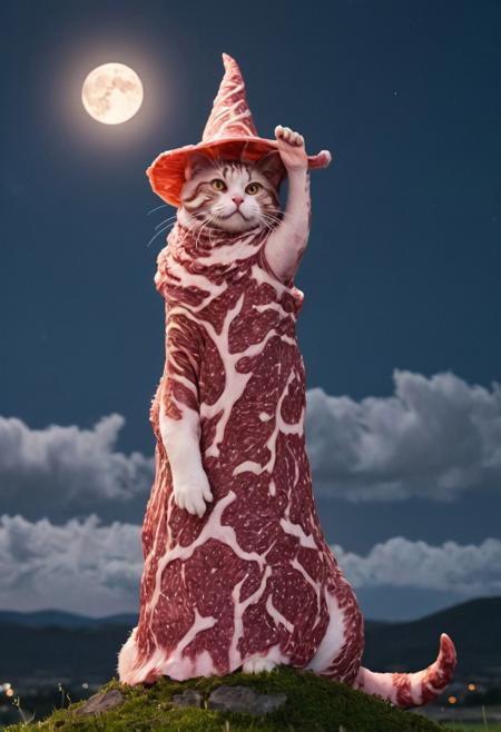 tower made of wagyu, beard made of wagyu, cat wizard standing on tower, wizard robes made of wagyu, wizard hat made of wagyu, cute, outdoor, night, moon, moonlight, stars, lightning, magic power, mystical energy, mystical landscape, fantasy, dynamic, atmospheric, HD, masterpiece, best quality, hyper detailed, ultra detailed