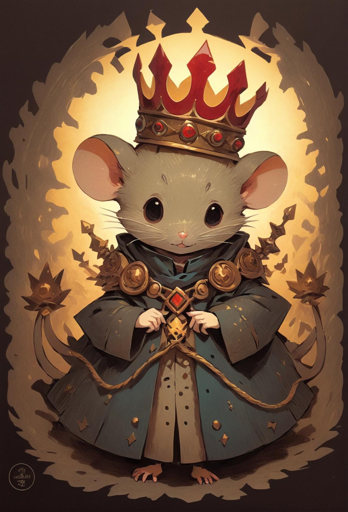 A mouse wearing a crown and a blue robe.