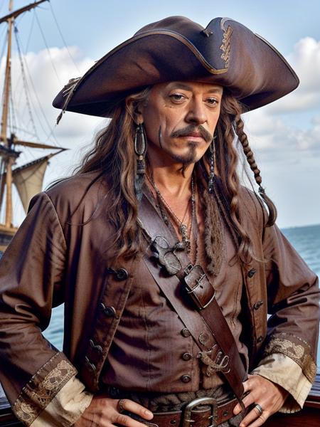 p1r4t3sDon Knotts as captain, jacket, straw tricorn hat,  ship <lora:p1r4t3s_v2:1>