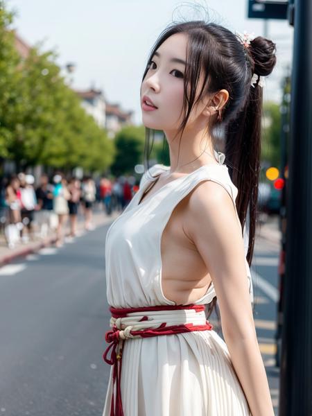 <lora:xinxiaomong:0.8>, ((nsfw), open clothes), hanfu, masterpiece, best quality, 1girl, aqua eyes, black hair, closed mouth, looking at viewer, solo, upper body, alluring, clean, beautiful face, pure face, pale skin, sexy pose,long hair, ((perfect female figure)), 18-years-old chinese girl, narrow waist, city street background, arm behind head, outdoor, watched by crowd background