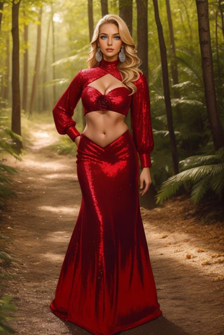 HUD_Rd_Seq, (red sequin flower accent crop top), maxi skirt, bare midriff, navel, cleavage, long sleeves, shoulder cover, shrug, long earrings