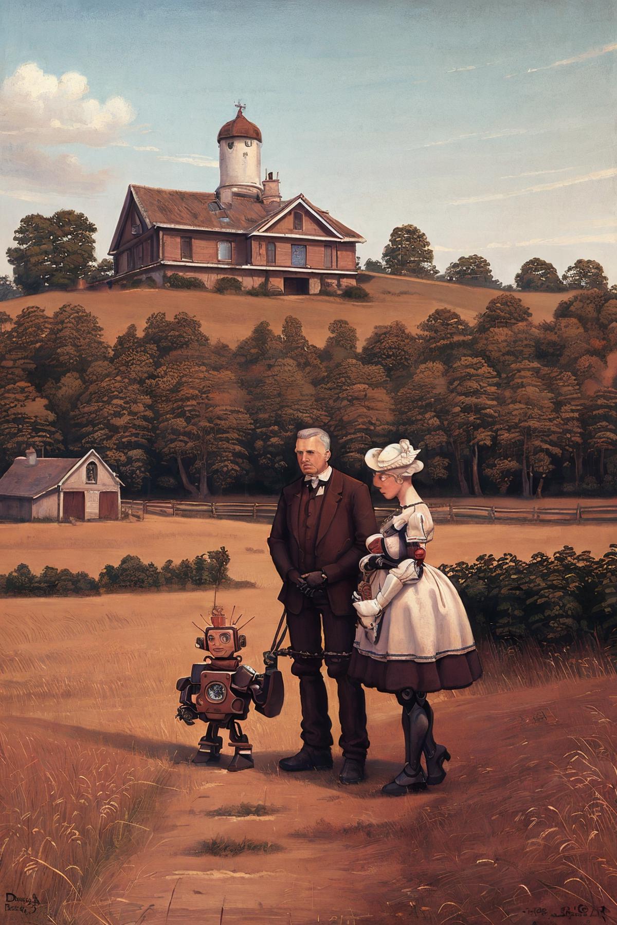 Painting of a man, woman, and child in front of a house with a fence in the background.