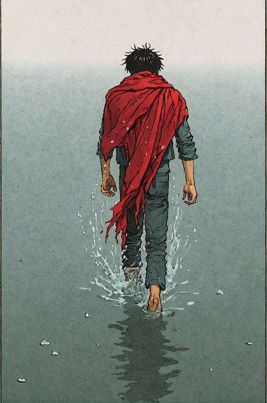 Comic panel illustration of a man walking through the water with a ragged red scarf,  akira style <lora:Akira_Style_XL>