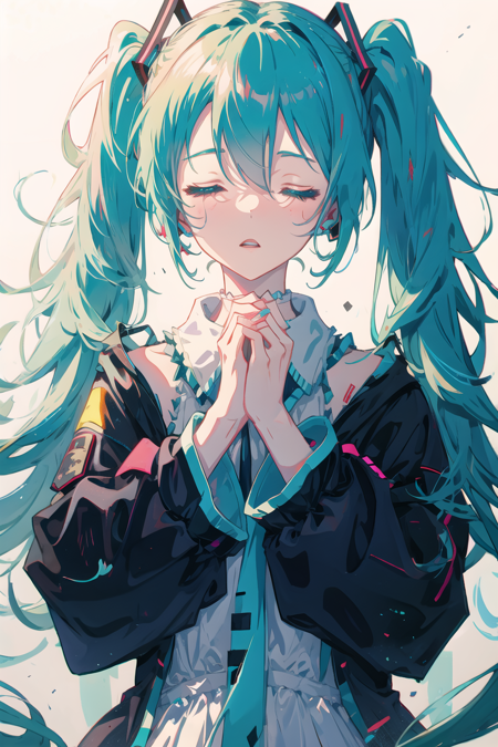 hatsune miku, masterpiece, absurdres, upper body, clenched hands, frustrated, closed eyes, simple background, egasumi,