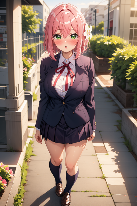 1girl, solo, BREAK outdoors, classroom, school, looking at viewer, (masterpiece:1.2), best quality, high resolution, unity 8k wallpaper, (illustration:0.8), (perfect hands, perfect anatomy), (blush:1.5), shiny hair, shiny skin, large breasts, skirt, shirt, ribbon, school uniform, blazer, white shirt, pleated skirt, collared shirt, black skirt, red ribbon, neck ribbon, :o, full body, socks, thighs, hanazono hakari, short hair, pink hair, hair between eyes, hair flower, hair ornament, green eyes, standing  