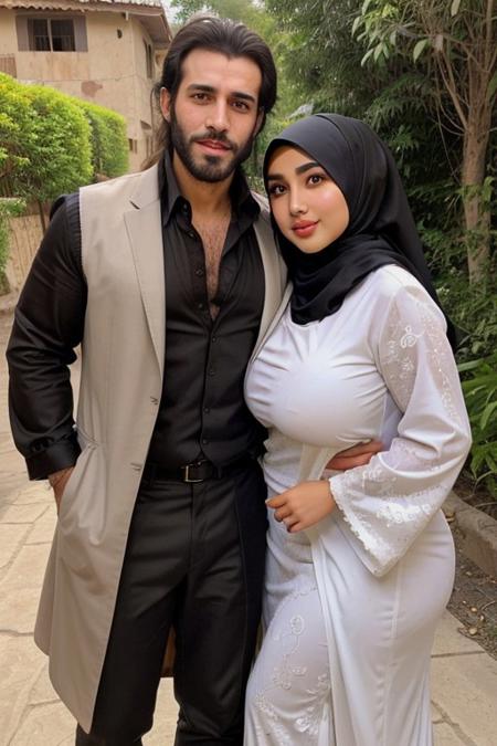 high quality, Algerian, traditional clothes, happiness, smile,  brown eyes, dark hair, 1male, DILF, rough looking, manly face, strong facial features, full beard, thick hair, hairy chest, hairy body, 1female, huge tits, big boobs, curvy body, big Cleavage, wide hips, thick hips, hijab, soft focus, soft light, 2characters, 2peoples, straight couple, couple,