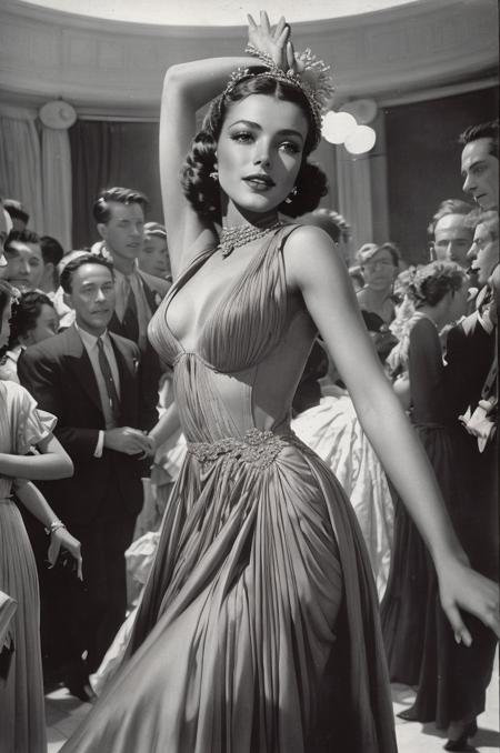 In 1939, a woman in a dress by Madame Gres is dancing at an artistic salon party, lively crowd of high-class men and women  <lora:gres_merge:0.35> <lora:detail_slider_v4:1>