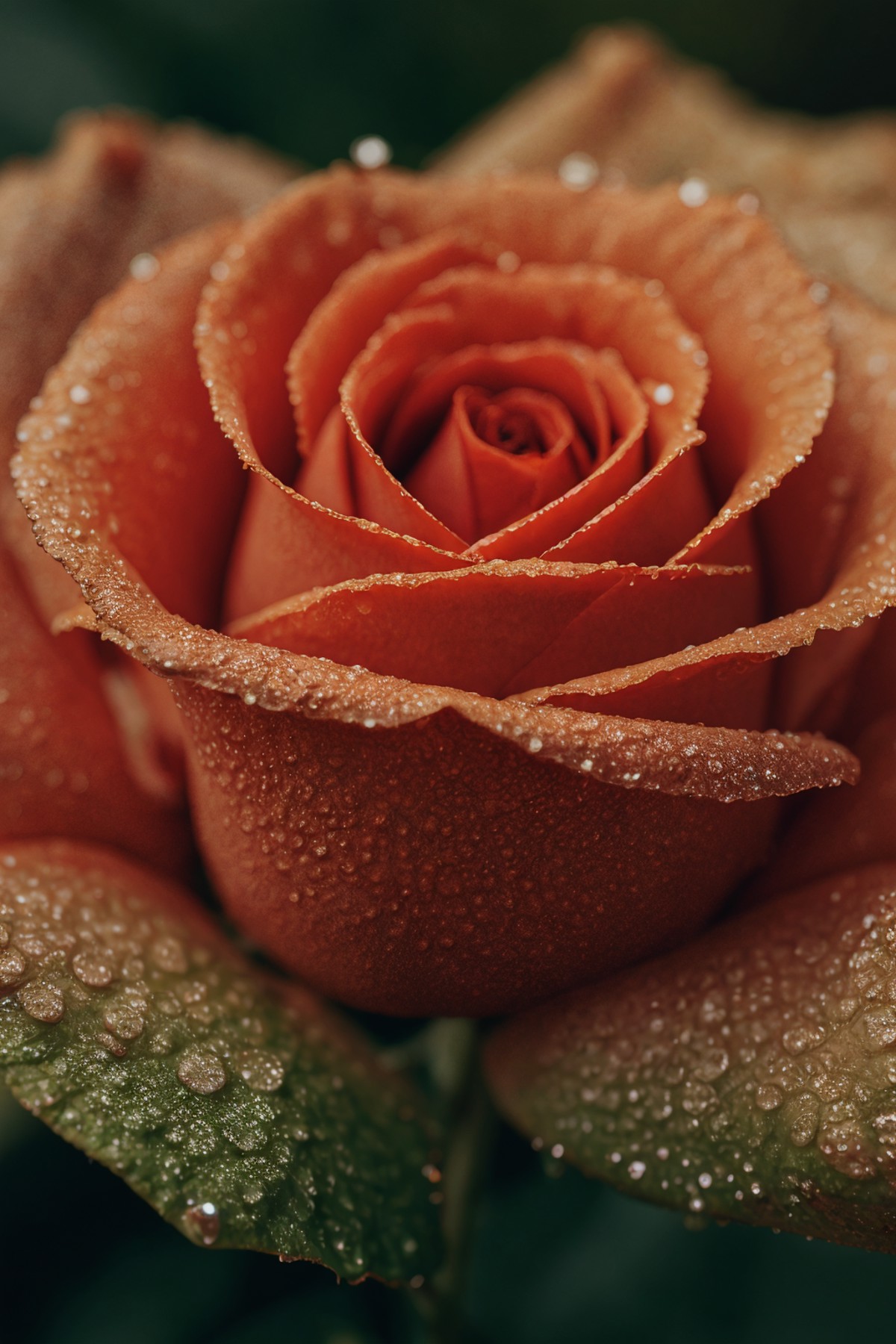 Close-up photograph of a dew-kissed red rose, details accentuated with a macro lens, revealing the texture and color nuances