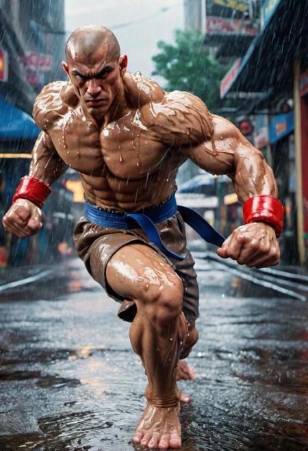 masterpiece, best quality, photograph, cinematic, 8k, Capcom Street Fighter Sagat, wet skin, photorealistic, high resolution, detailed, raw photo, buff, real life shot, raining