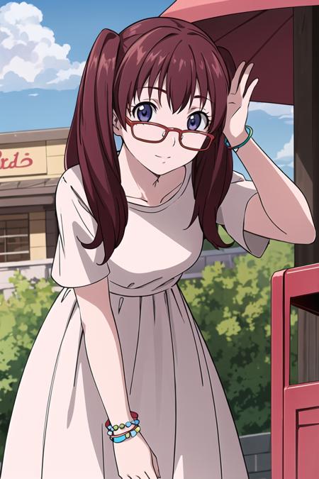 noyamano ringo,red hair,purple eyes,twintails,long hair,glasses,red-framed eyewear,school uniform,serafuku,