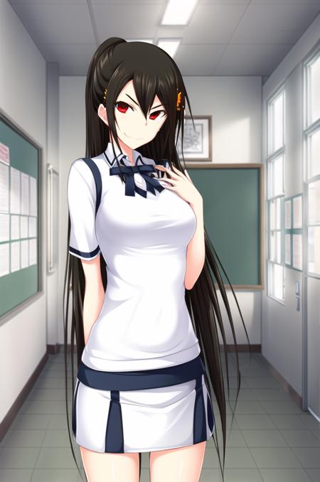 (masterpiece), high quality, detailed background, 1girl, solo,
<lora:Commission_Seiso-v1-06:0.7>, ChopioSeiso, dark brown hair, long hair, very long hair, swept bangs, hair ornament, (looking at viewer:1.3),
red eyes, evil eyes, hairclip,
outfit_2, school uniform, white shirt, wing collar, short sleeves, blue neck ribbon, blue and white skirt, pleated skirt, miniskirt,
classroom, standing, legs, evil grin,