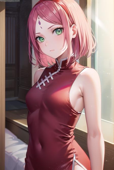 sakuraharuno, <lora:sakuraharunov2-lora-nochekaiser:1>,
sakura haruno, short hair, bangs, (green eyes:1.5), pink hair, hairband, facial mark, (forehead mark:1.2), red hairband, (swept bangs:1.5), (small breast:1.2),
BREAK chinese clothes, dress, (red dress:1.3), short skirt, black shorts, gloves, black gloves, sleeveless,
BREAK looking at viewer,
BREAK indoors, bed,
BREAK <lyco:GoodHands-beta2:1>, (masterpiece:1.2), best quality, high resolution, unity 8k wallpaper, (illustration:0.8), (beautiful detailed eyes:1.6), extremely detailed face, perfect lighting, extremely detailed CG, (perfect hands, perfect anatomy),