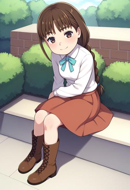 jyushimatsu's_girlfriend, brown hair, braid, freckles, brown eyes, neck ribbon, white shirt, red skirt, cross-laced footwear, boots, jyushimatsu's_girlfriend, brown hair, braid, freckles, brown eyes, bodysuit, swimsuit, jyushimatsu's_girlfriend, brown hair, braid, freckles, brown eyes,