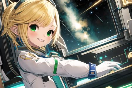 ((master piece)), ((high detail)) 1girl, blonde hair, green eyes, space station, bright interior, space window, stars, grinning, dynamic angle, desktop wallpaper,<lora:lalafell_v1.5:1.0>