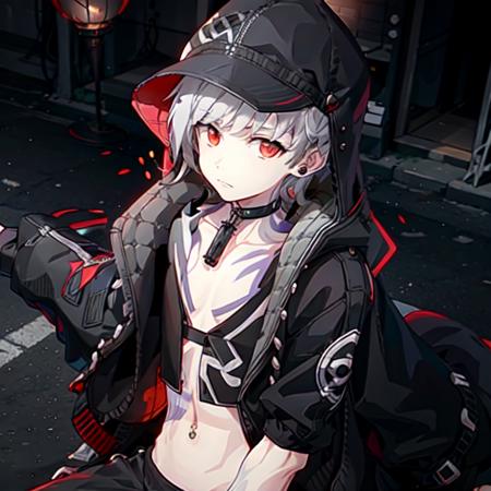 1boy, solo, male_focus, choker, hooded_jacket, (hood), stomach,  <lora:e7Haste-07:.8>, city, street, (daylight)